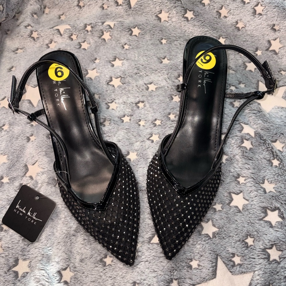 Nicole Miller Black Studded Slingback Kitten Heels